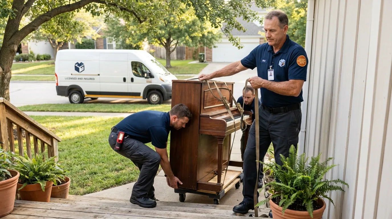 Licensed piano movers securing grand piano in Bonita Springs, FL