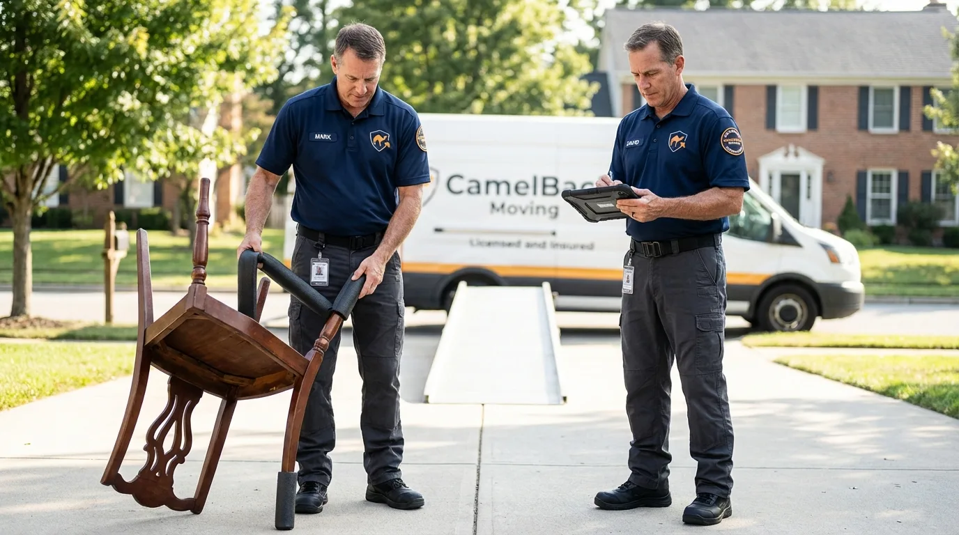 Movers inspecting furniture for damage prevention before loading in Bonita Springs, FL