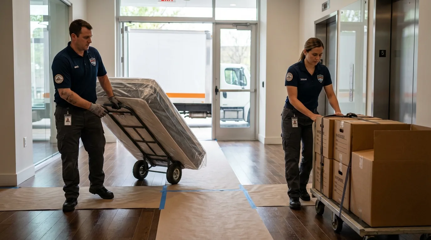 Professional apartment movers loading elevator in Bonita Springs, FL