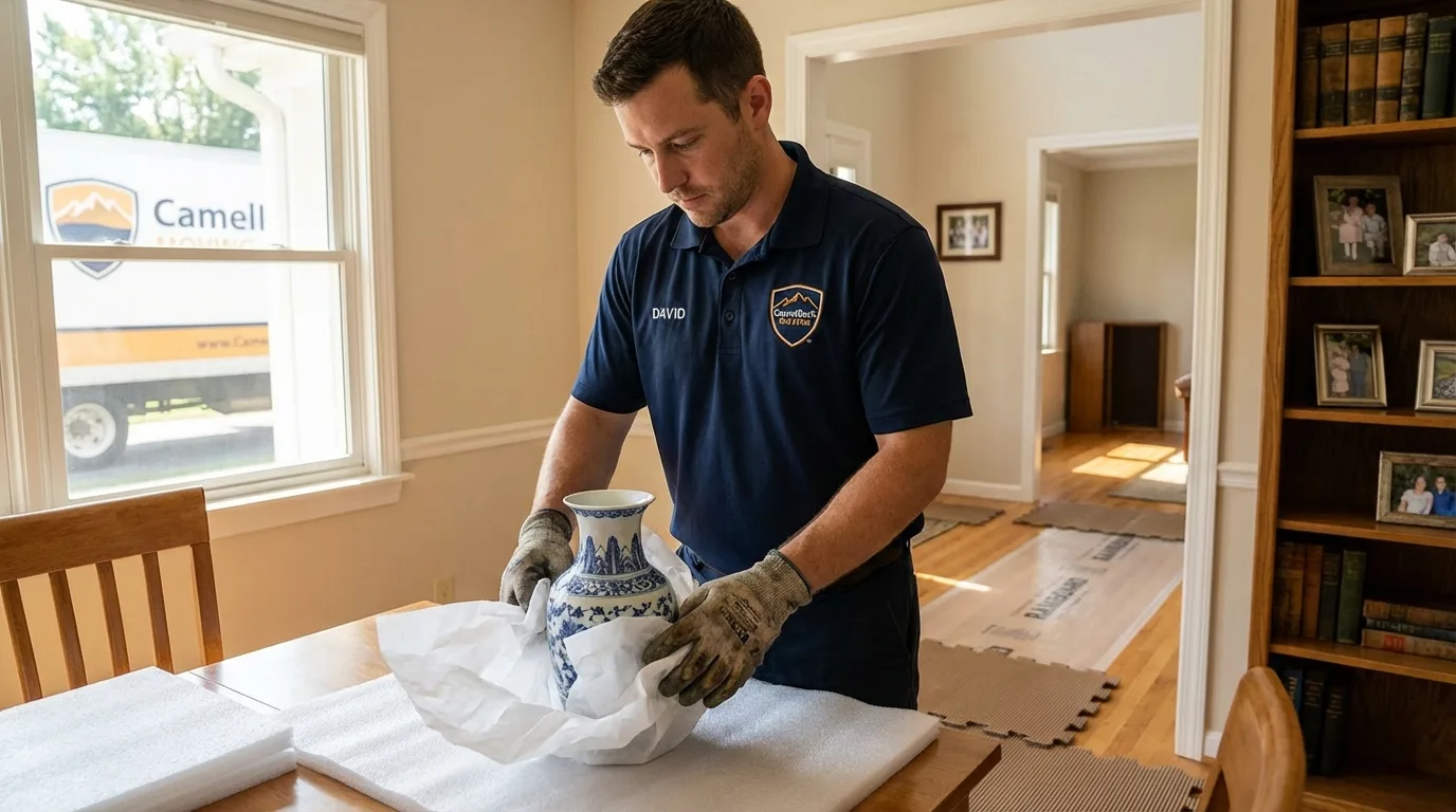 Professional crew carefully wrapping antique vase for senior downsizing move in Bonita Springs, FL